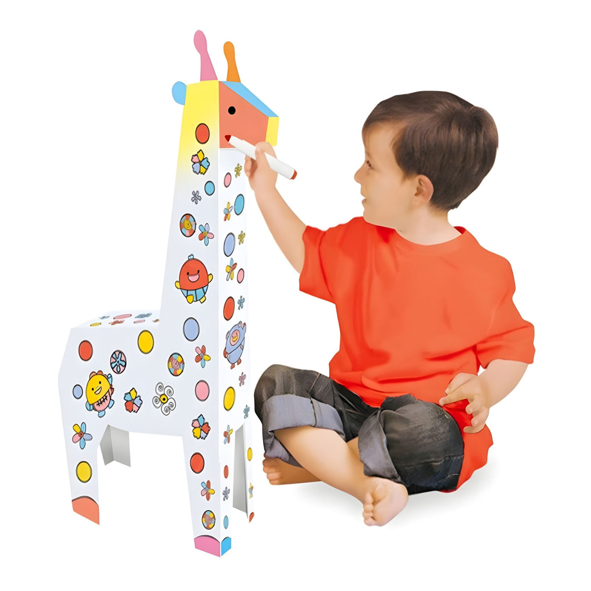 Puzzle 3D Educativ Girafa, Set Creativ de Asamblat si Colorat cu Lumini si Sunete, Carton Reciclabil, 31 x 7.5 x 54 cm, 3+ Ani, Alb Multicolor