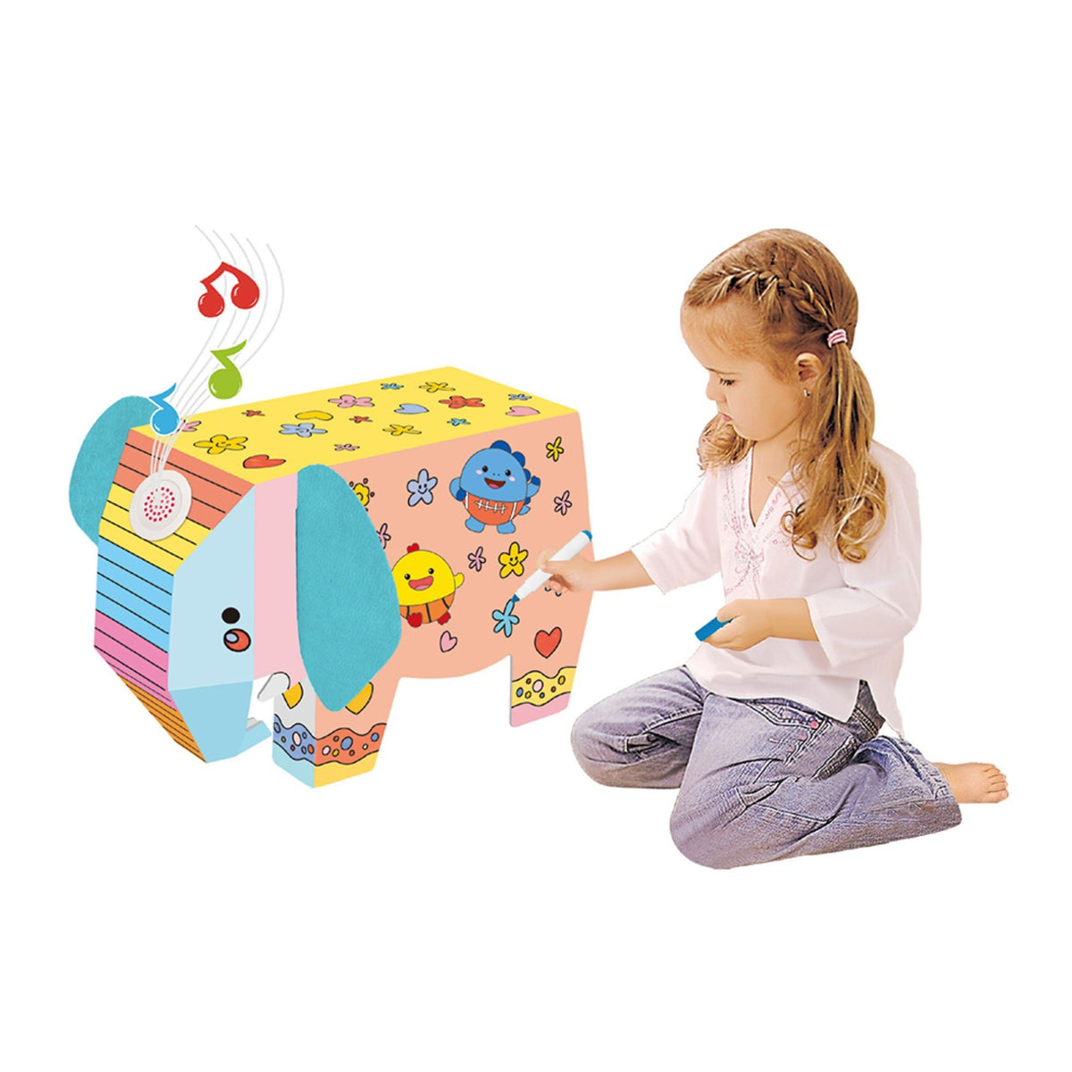 Puzzle 3D Educativ Elefant, Set Creativ de Asamblat si Colorat pentru Copii, Jucarie din Carton fara Lipici, 34 x 14 x 23 cm, Varsta 3+ Ani, Alb/Negru