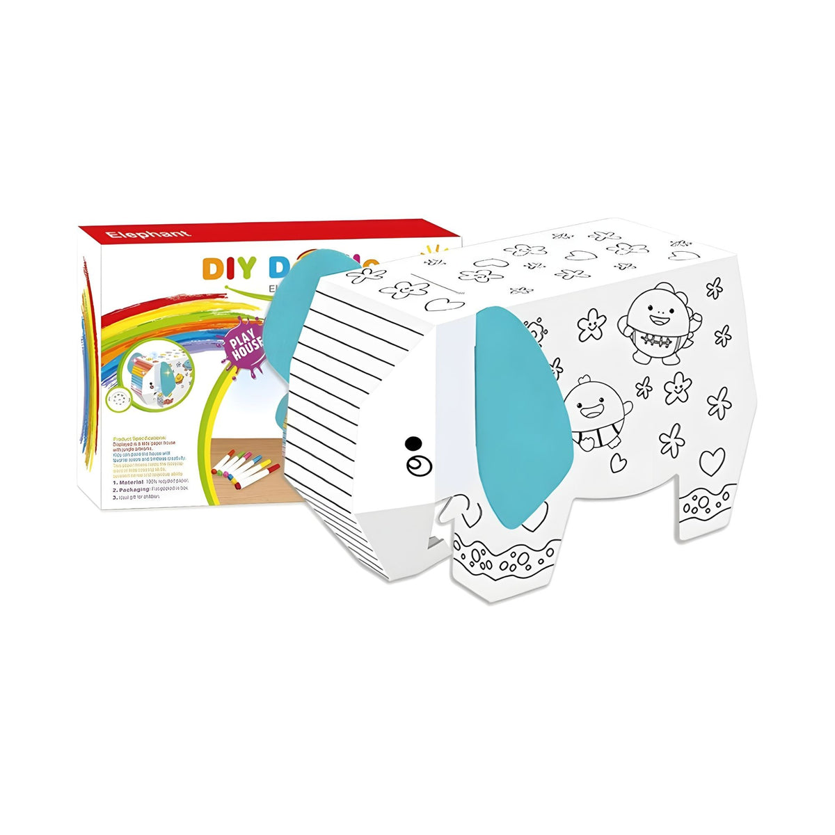 Puzzle 3D Educativ Elefant, Set Creativ de Asamblat si Colorat pentru Copii, Jucarie din Carton fara Lipici, 34 x 14 x 23 cm, Varsta 3+ Ani, Alb/Negru