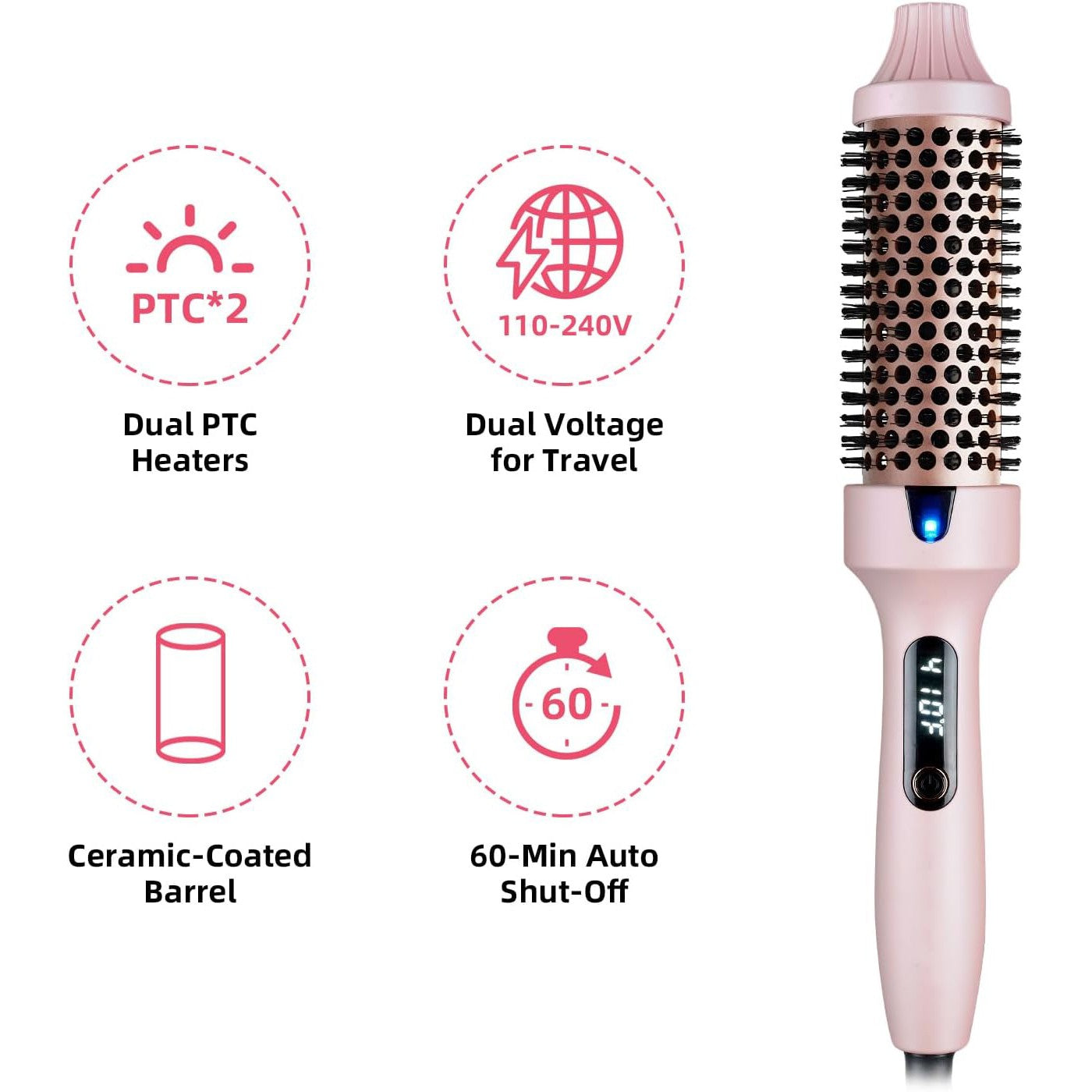 Perie Termica Multifunctionala cu Infrarosu si Ioni Negativi, Pieptene Cald pentru Volum si Ondulare, Afisaj LED, 10 Trepte Temperatura 150-210 Grade, Invelis Ceramic, 34 x 8 x 7 cm, Roz