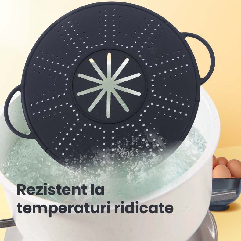 Capac Sita pentru Tigaie, Filtru Anti-Stropire si Deflector de Ulei, Silicon Rezistent Termic, Design Perforat, 28 inch, Negru
