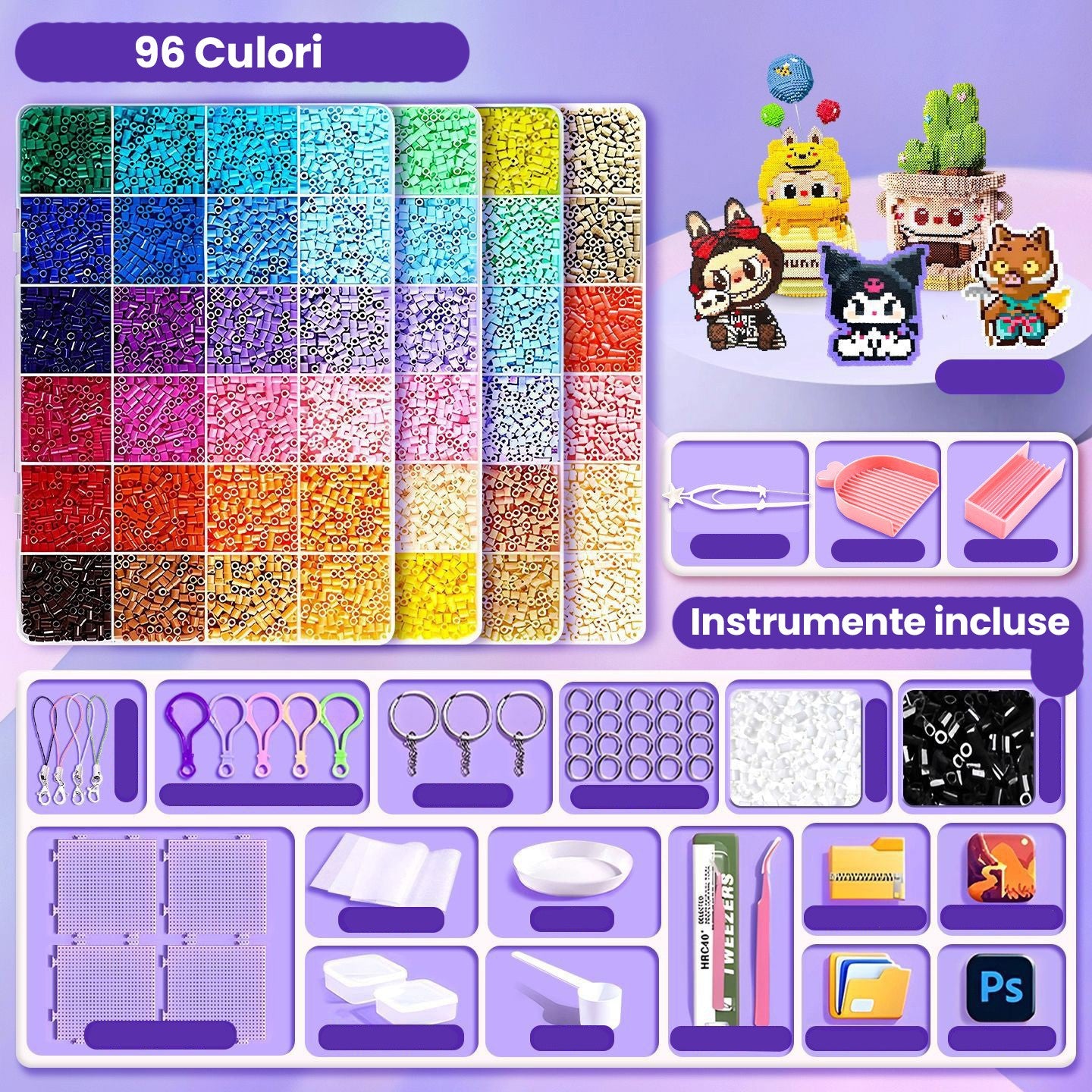 Kit de Margele Termoadezive Tip Perle, Set Creativ DIY pentru Figurine 3D cu Instrumente Incluse, Plastic, 8000 Piese, 96 Culori, 2.6 mm, Multicolor