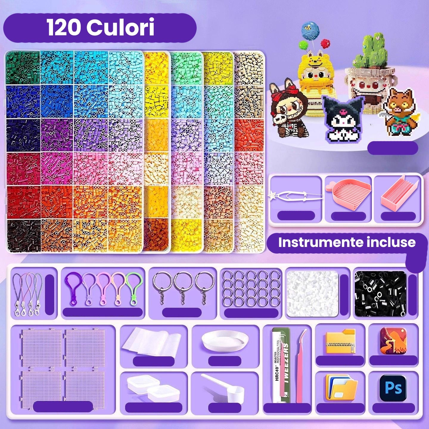 Kit de Margele Perle Termoadezive, Set DIY Creativ pentru Figurine 3D si Brelocuri, Plastic, 120 Culori, 10000 Piese, 2.6 mm, Multicolor