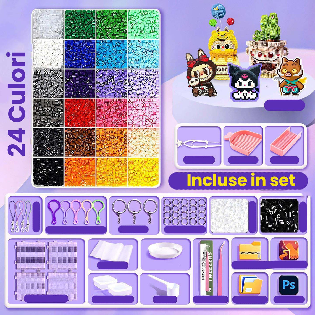 Kit de Margele Termoadezive, Set Creativ DIY pentru Figurine 3D cu Instrumente Incluse, Plastic, 24 Culori, 2000 Piese, 2.6 mm, Multicolor