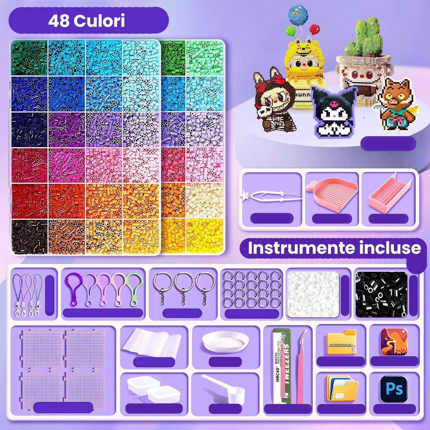 Kit de Margele Termoadezive DIY, Set Creativ pentru Figurine 3D cu Instrumente Incluse, Plastic, 48 Culori, 4000 Piese, 2.6 mm, Multicolor