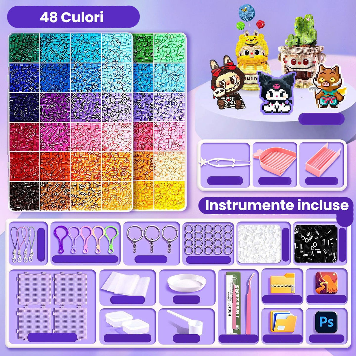Kit de Margele Termoadezive DIY, Set Creativ pentru Figurine 3D cu Instrumente Incluse, Plastic, 48 Culori, 4000 Piese, 2.6 mm, Multicolor