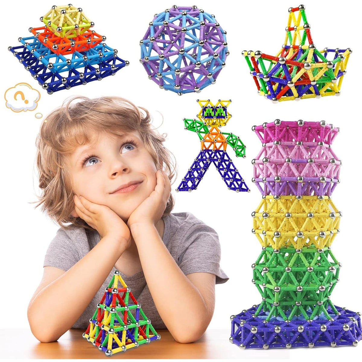 Set Constructie Magnetic, Joc Educativ STEM Tip Puzzle cu Betisoare si Bile, Dezvoltare Creativitate si Logica, Plastic si Magnet, +3 Ani, 308 Piese, Multicolor