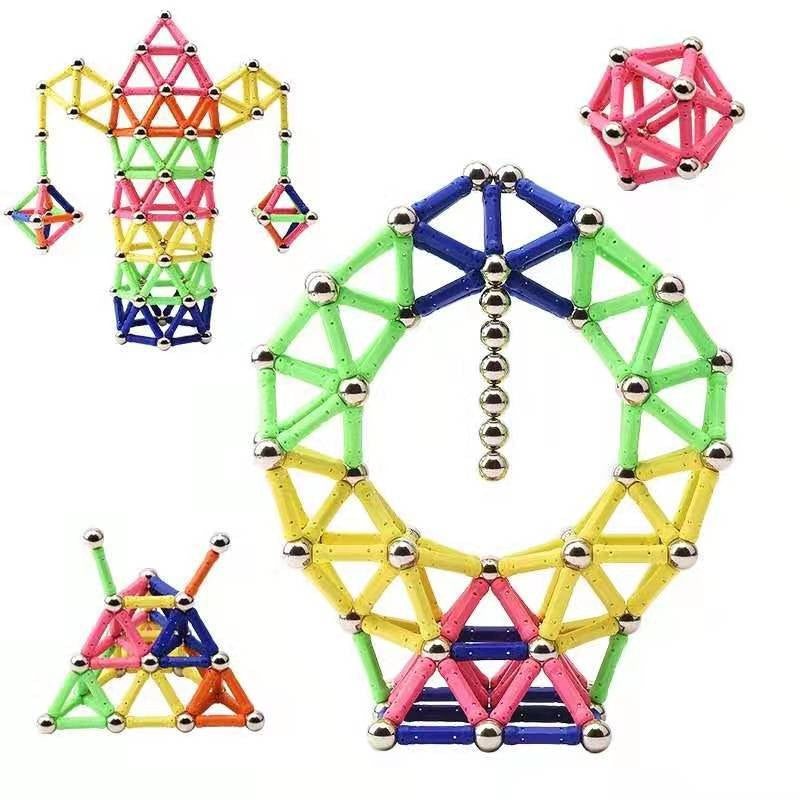 Set Constructie Magnetic, Jucarie Educativa STEM, Dezvoltare Creativitate si Imaginatie, Plastic si Magnet, 206 Piese, Multicolor, +3 Ani
