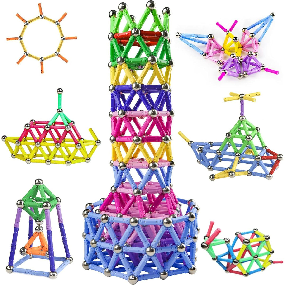 Set Constructie Magnetic, Jucarie Educativa STEM, Dezvoltare Creativitate si Imaginatie, Plastic si Magnet, 206 Piese, Multicolor, +3 Ani