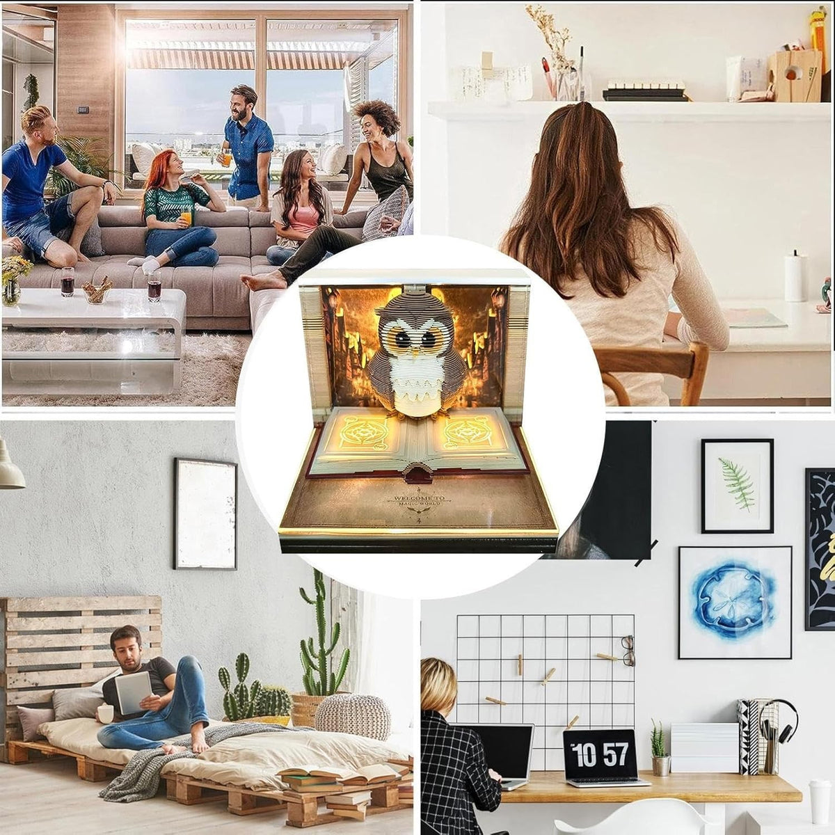 Calendar Interactiv 3D 2026, Sculptura Tip Carte cu Iluminare LED, Model Bufnita Magic World, Ornament pentru Birou, Maro, 9 x 9 x 6.8 cm