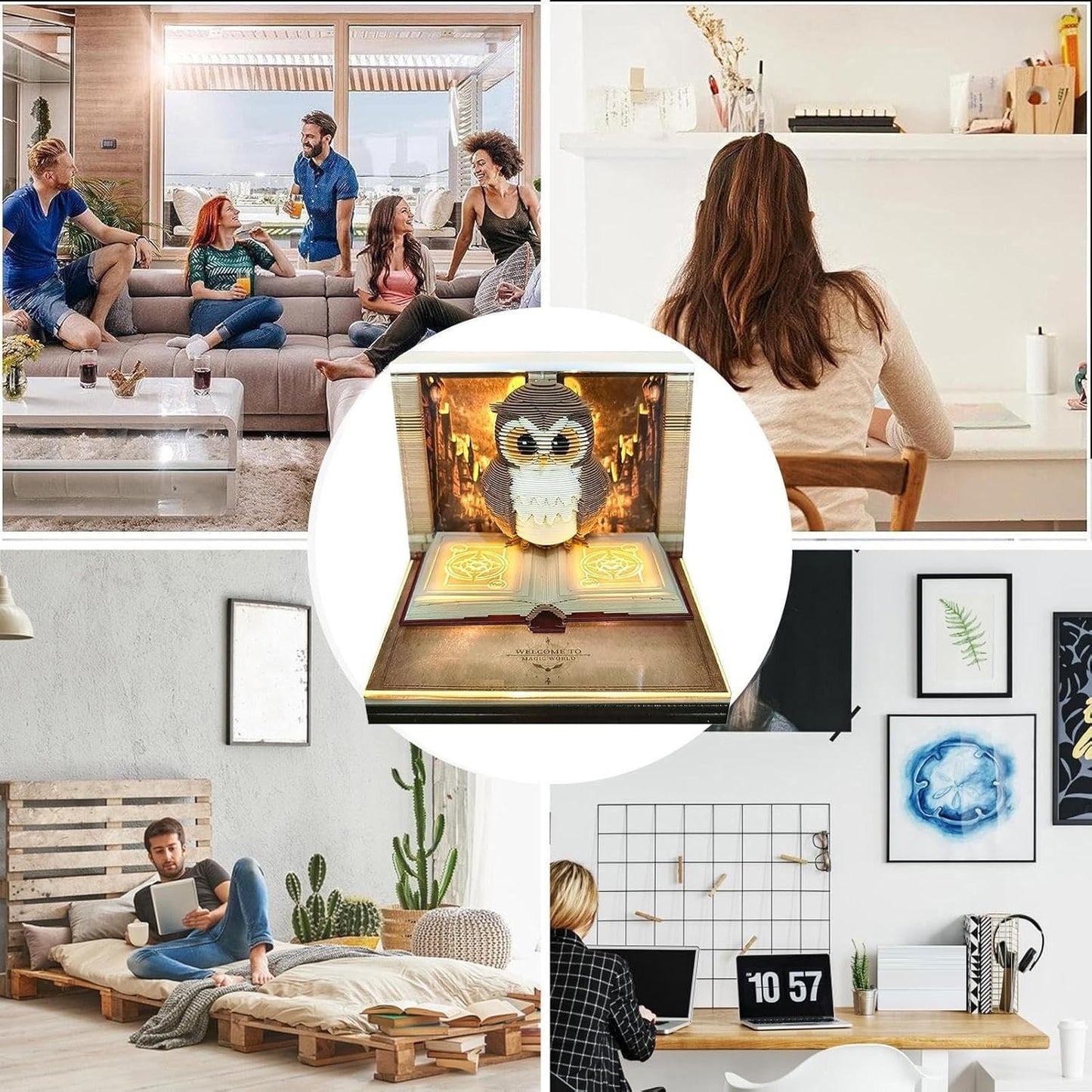 Calendar Interactiv 3D 2026, Sculptura Tip Carte cu Iluminare LED, Model Bufnita Magic World, Ornament pentru Birou, Maro, 9 x 9 x 6.8 cm