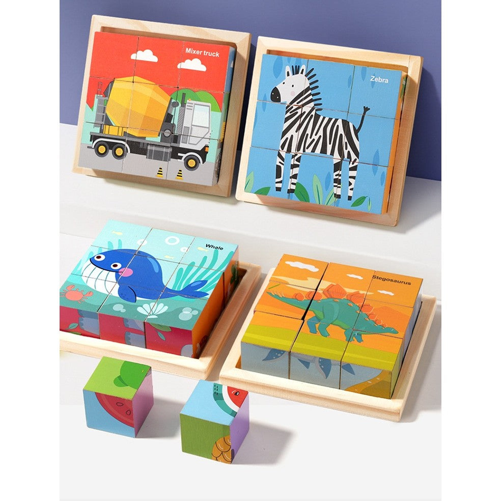 Puzzle Montessori din Lemn cu 9 Cuburi, Joc Educativ 3D cu 6 Fețe Ilustrate, Model Utilaje Construcții, 4-6 Ani, 11 x 11 x 3.2 cm, Multicolor