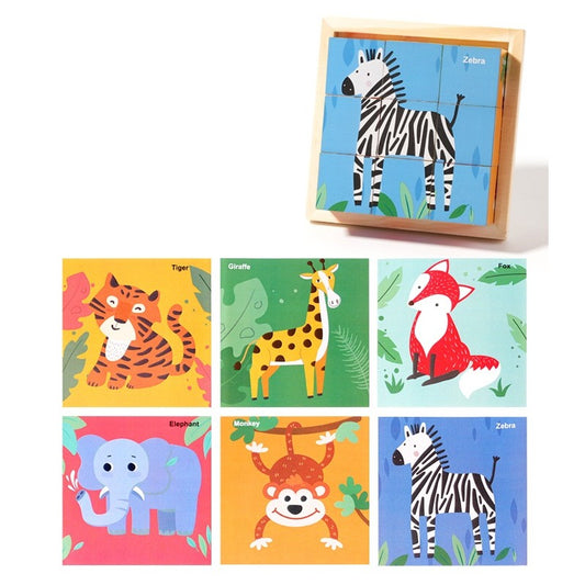 Puzzle Educativ Montessori din Lemn, Joc 9 Cuburi cu 6 Fete Ilustrate, Dezvoltare Logica si Coordonare, Model Animale Salbatice, 4-6 Ani, 11 x 11 x 3.2 cm, Multicolor