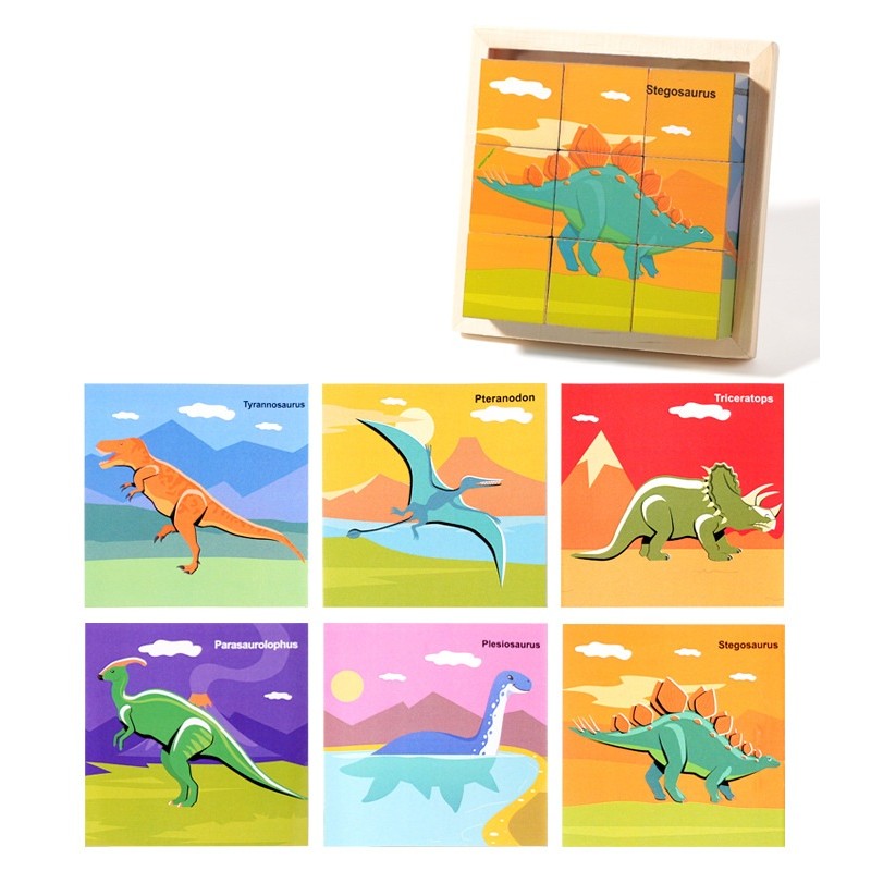 Puzzle Cuburi Din Lemn Montessori, Joc Educativ 3D Cu 6 Imagini, Model Dinozauri, 9 Piese, 4-6 Ani, Multicolor, 11 x 11 x 3.2 cm