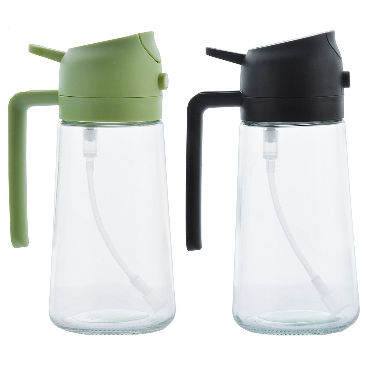 Set Recipiente pentru Ulei si Otet 2 in 1, Pulverizator Tip Spray si Turnare, Sistem Antiscurgere, Sticla Transparenta, 470 ml, Set 2 Bucati, Verde/Negru