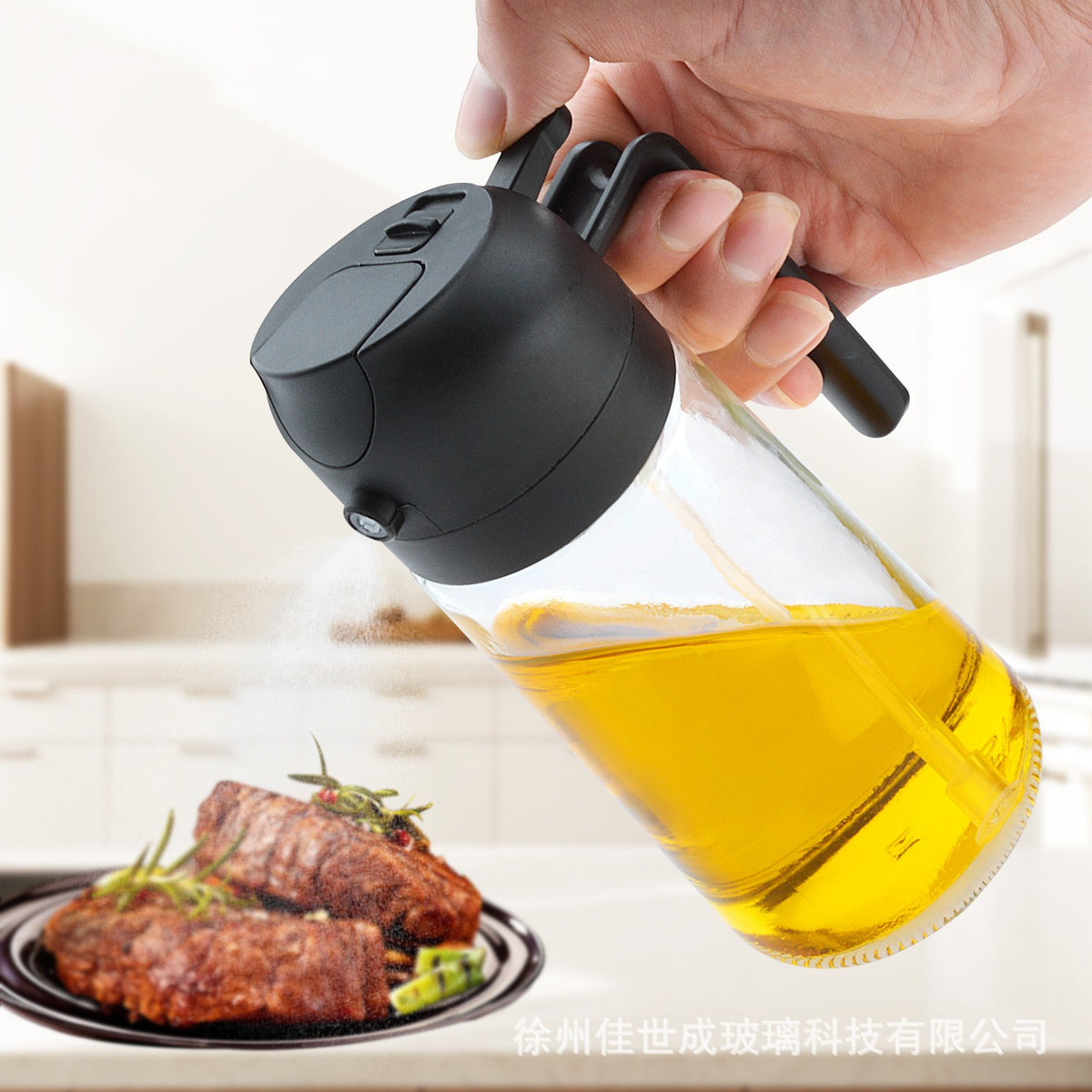 Set Recipiente pentru Ulei si Otet 2 in 1, Pulverizator Tip Spray si Turnare, Sistem Antiscurgere, Sticla Transparenta, 470 ml, Set 2 Bucati, Verde/Negru
