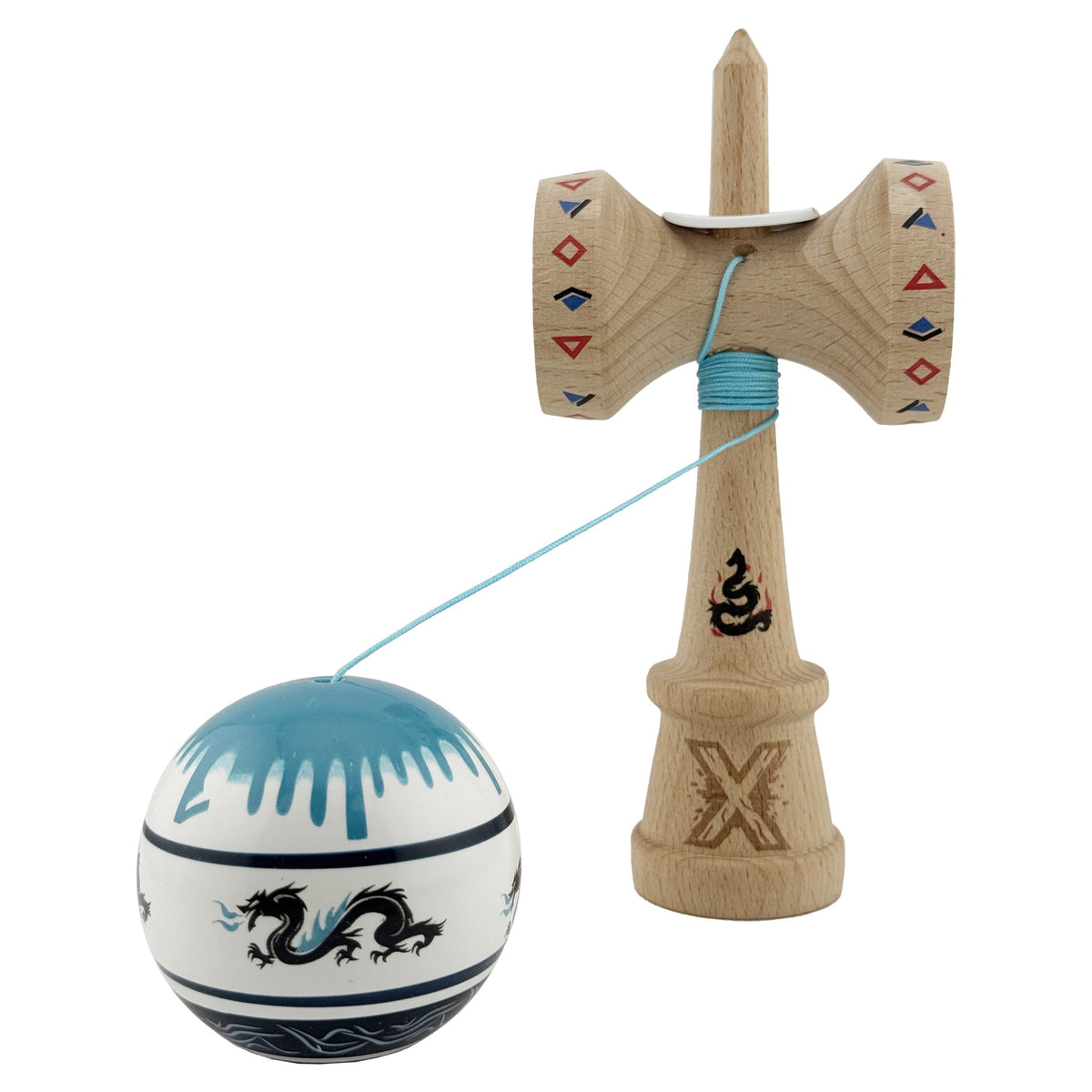Kendama X Dragon Originala, Model V3 Albastru/Negru, Profesionala, Cupe Mari King Size, Super Sticky, Gaura in Baza, Rulment, Ata 62cm