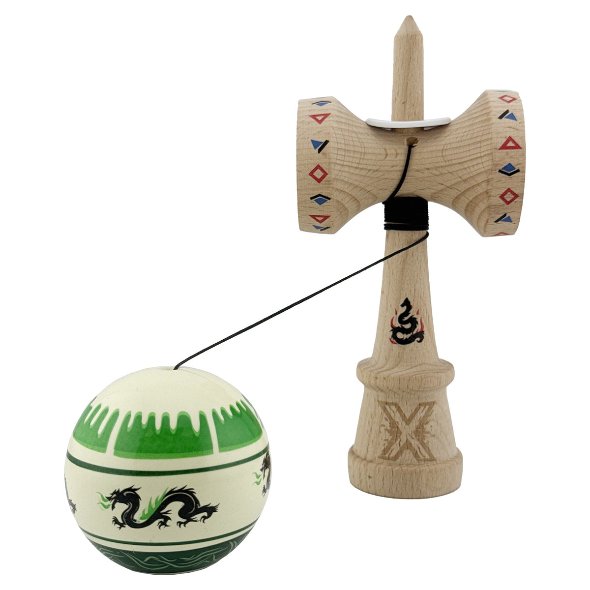 Kendama X Dragon Originala, Model V3 Verde Deschis / Negru, Profesionala, Cupe Mari King Size, Super Sticky, Gaura in Baza, Rulment, Ata 62cm