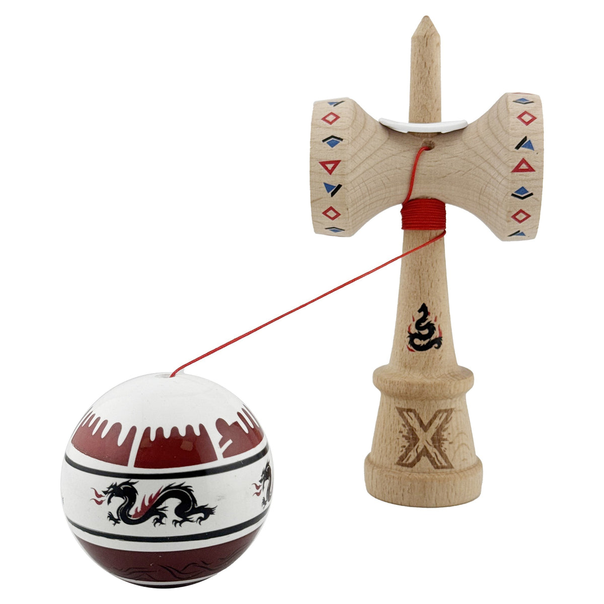 Kendama X Dragon Originala, Model V3 Alb / Rosu Inchis, Profesionala, Cupe Mari King Size, Super Sticky, Gaura in Baza, Rulment, Ata 62cm