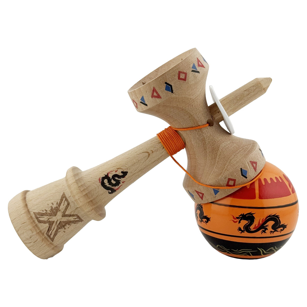 Kendama X Dragon Originala, Model V3 Portocaliu/Negru, Profesionala, Cupe Mari King Size, Super Sticky, Gaura in Baza, Rulment, Ata 62cm