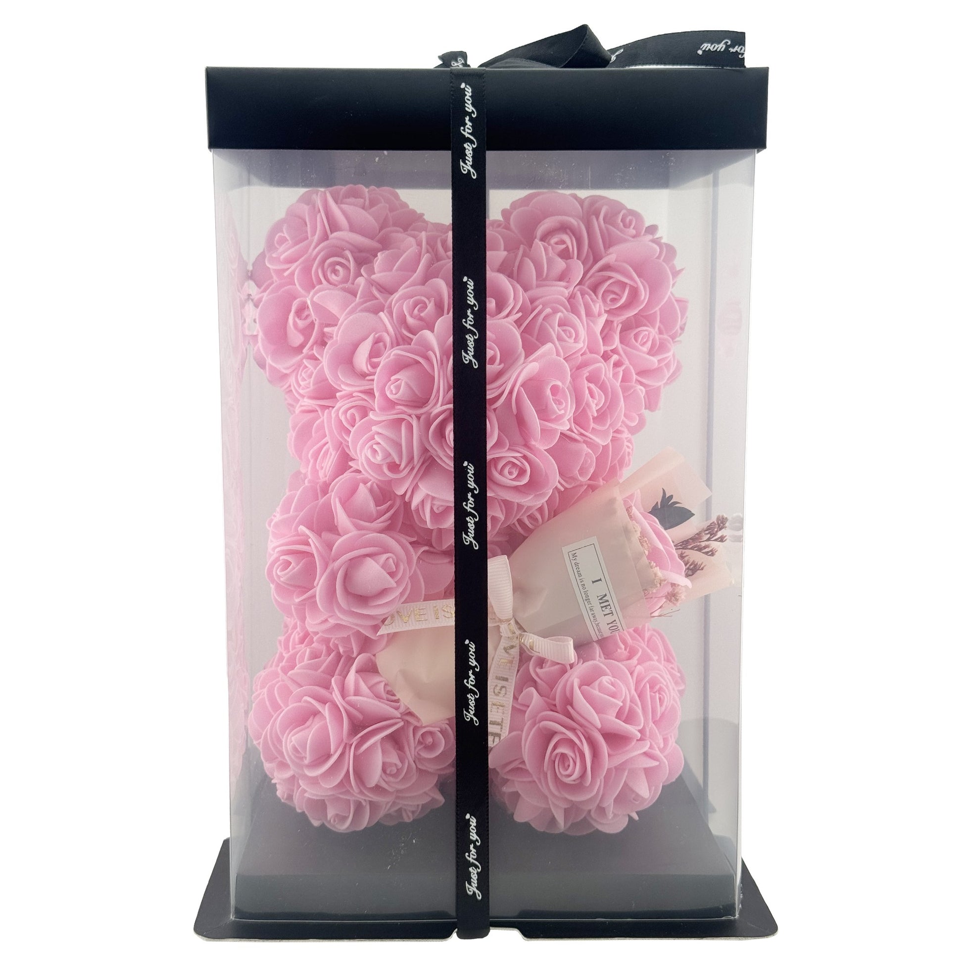 Ursulet din Flori, Trandafiri din Spuma Decorativi, Cadou Aniversare si Valentine’s Day, Cutie Transparenta Inclusa, 23 cm, Roz