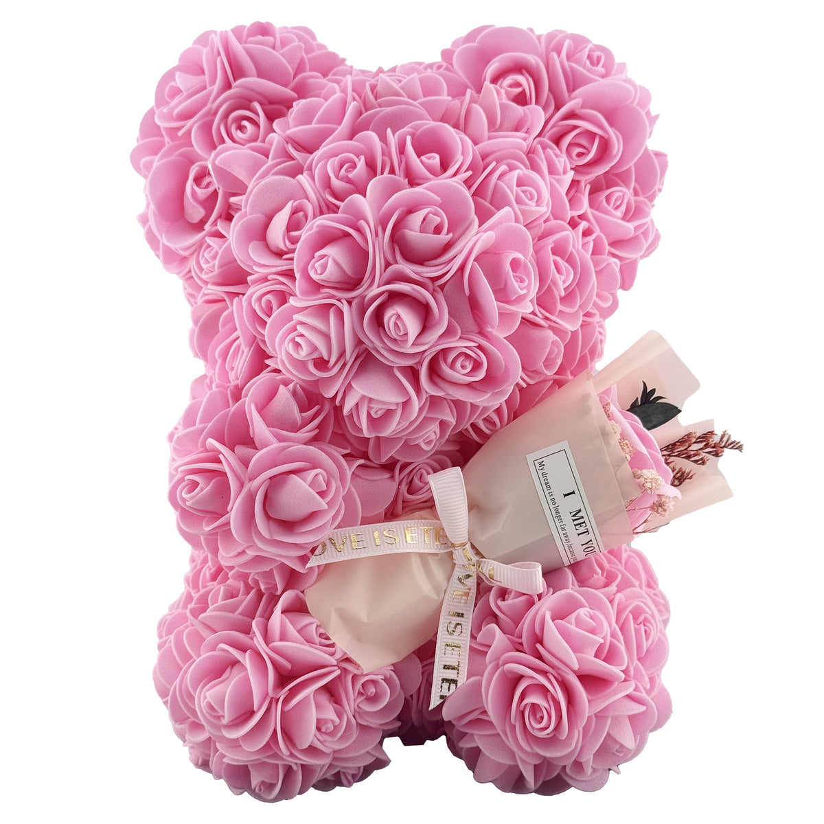 Ursulet din Flori, Trandafiri din Spuma Decorativi, Cadou Aniversare si Valentine’s Day, Cutie Transparenta Inclusa, 23 cm, Roz