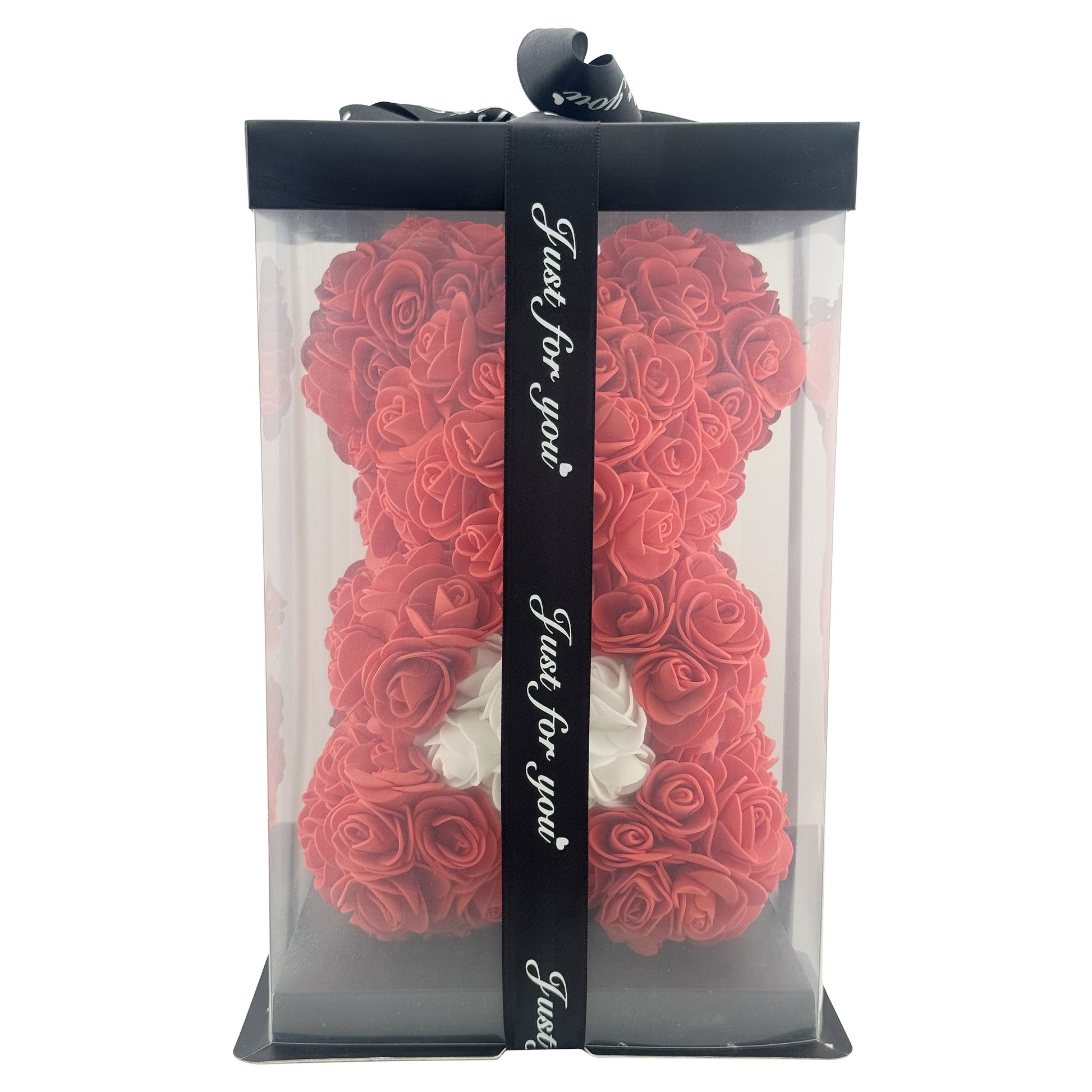 Ursulet din Flori, Trandafiri din Spuma pentru Cadou Romantic, Cutie Transparenta Inclusa, Rosu, 23 cm