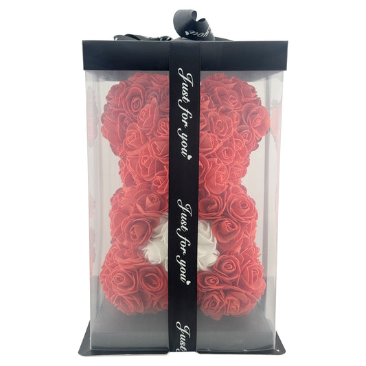 Ursulet din Flori, Trandafiri din Spuma pentru Cadou Romantic, Cutie Transparenta Inclusa, Rosu, 23 cm