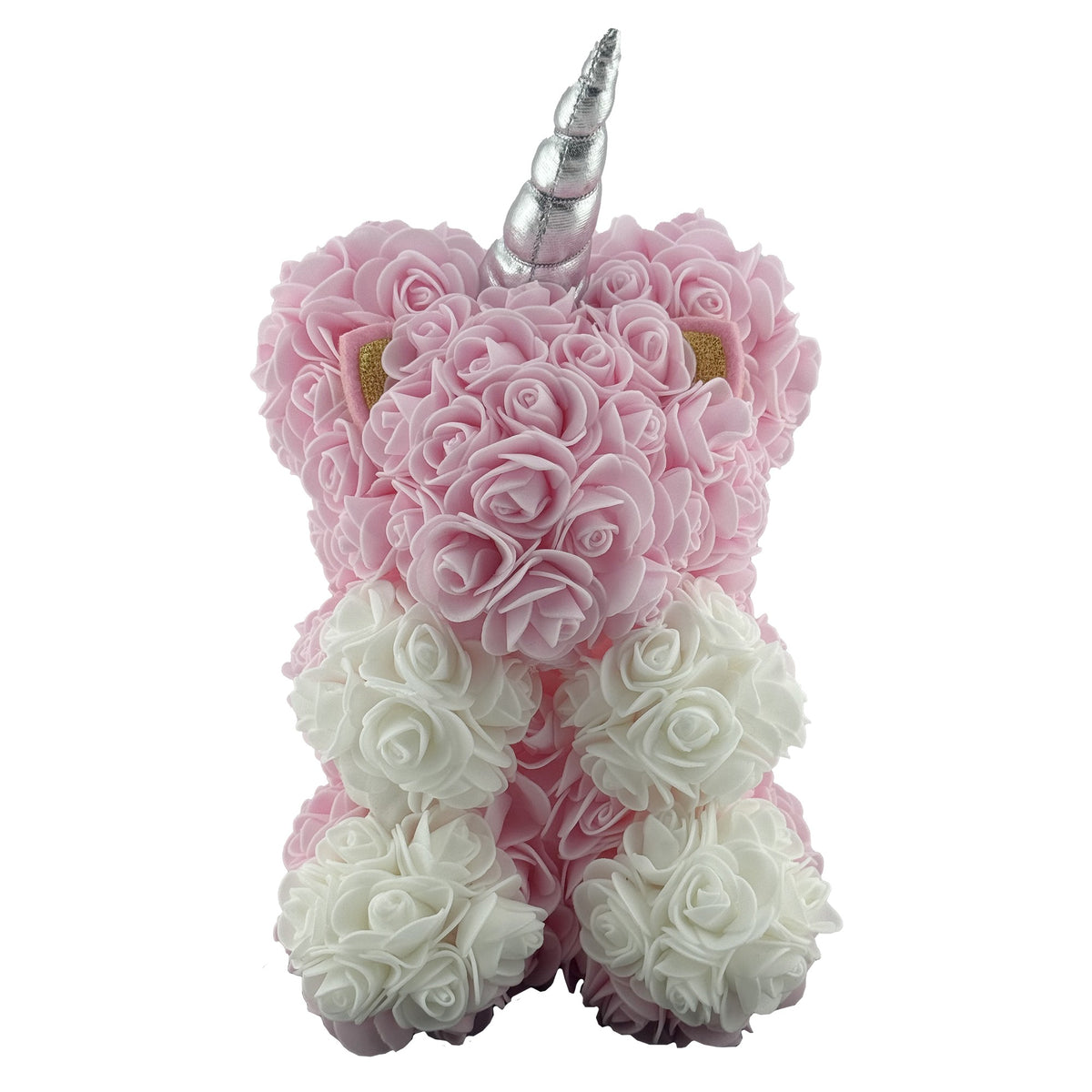 Unicorn Decorativ din Trandafiri de Spuma, Aranjament Floral in Cutie Transparenta, Cadou Aniversare, Alb si Roz, 17 x 17 x 23 cm