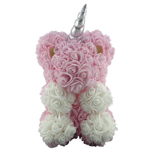 Unicorn Decorativ din Trandafiri de Spuma, Aranjament Floral in Cutie Transparenta, Cadou Aniversare, Alb si Roz, 17 x 17 x 23 cm