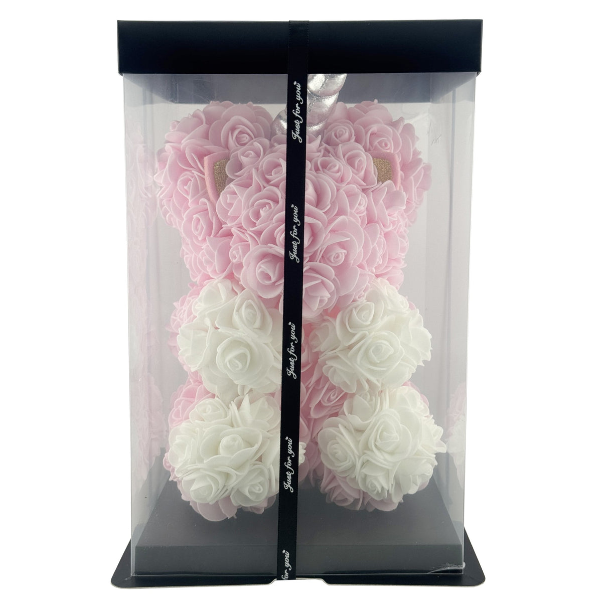 Unicorn Decorativ din Trandafiri de Spuma, Aranjament Floral in Cutie Transparenta, Cadou Aniversare, Alb si Roz, 17 x 17 x 23 cm
