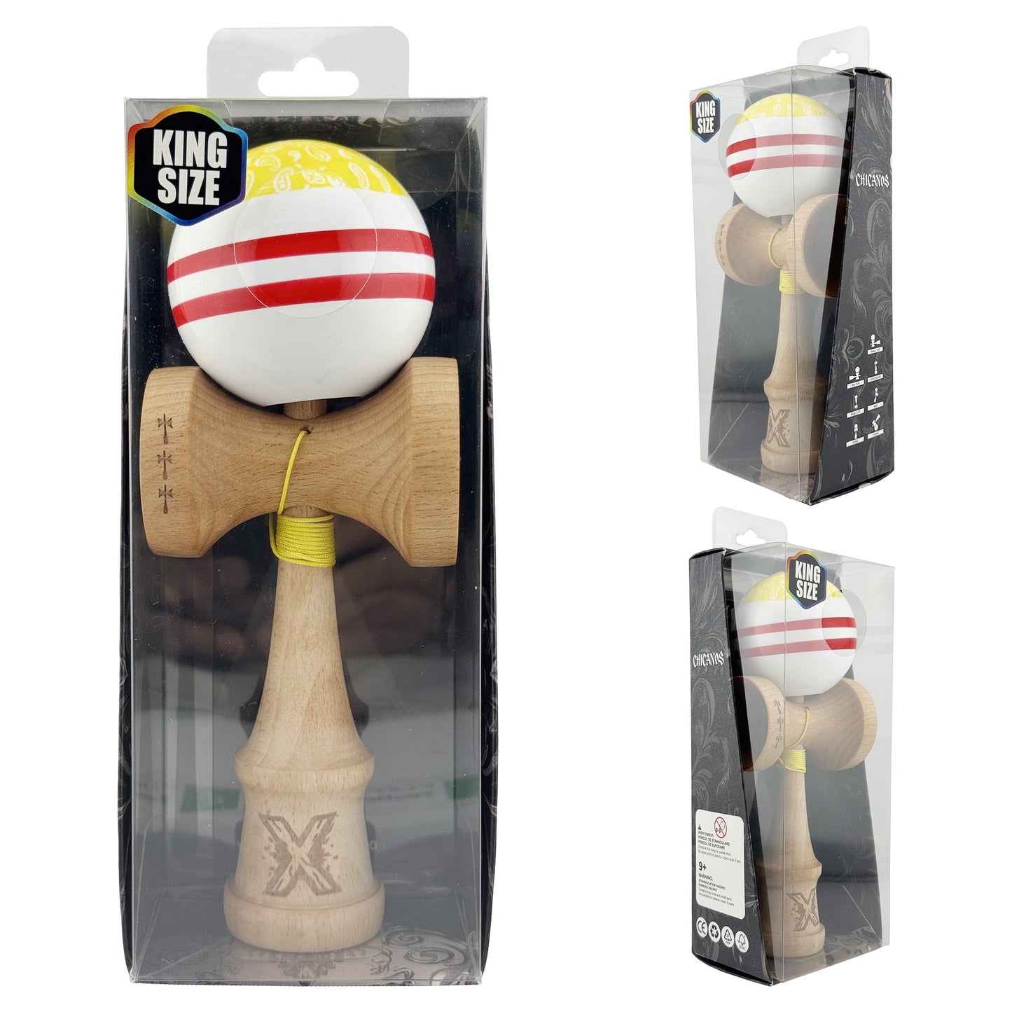 Kendama X Chicanos Originala, Model Galben / Rosu / Alb, Profesionala, Cupe Mari, Super Sticky, Rulment, Ata 55cm