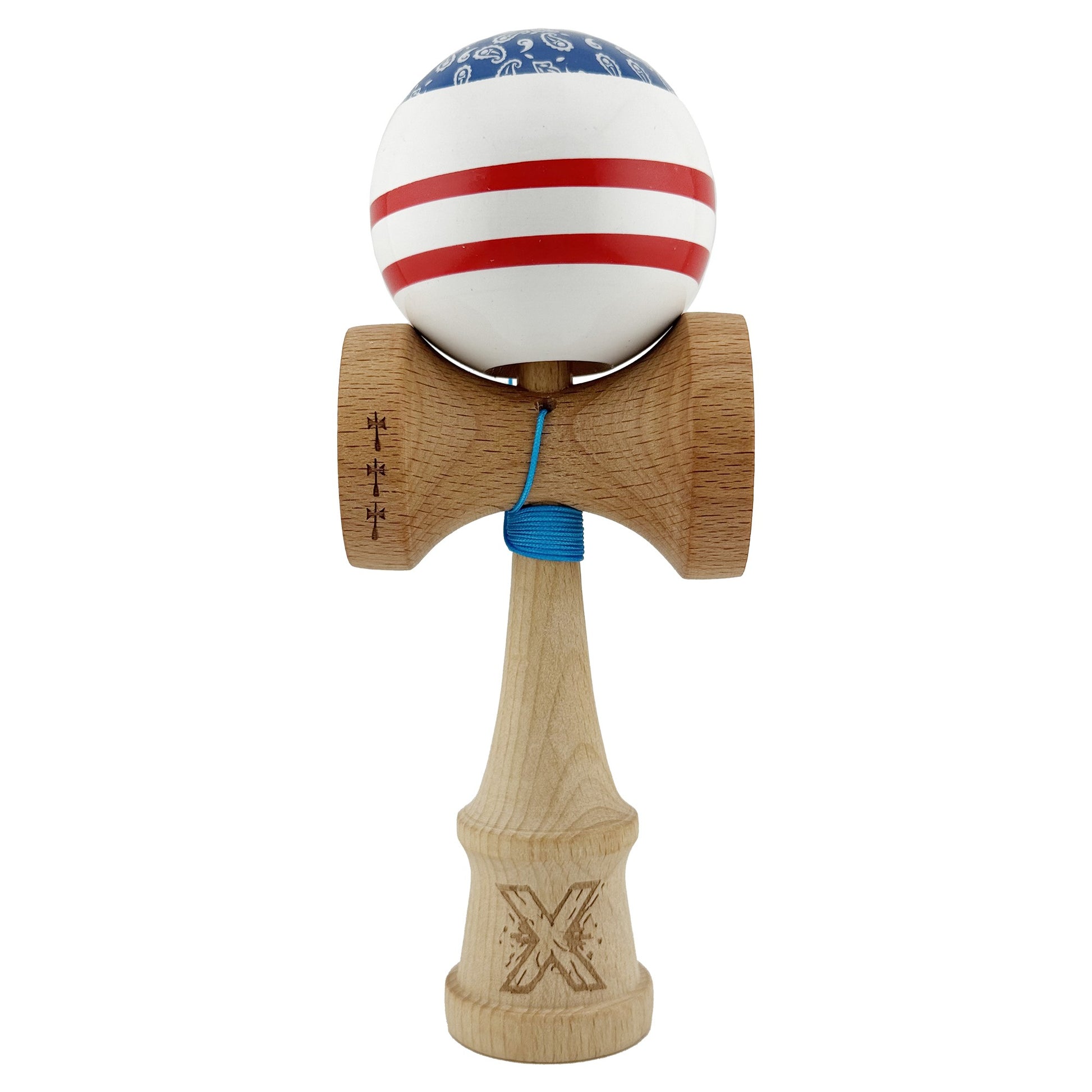 Kendama X Chicanos Originala, Model Albastru / Rosu / Alb, Profesionala, Cupe Mari, Super Sticky, Rulment, Ata 55cm