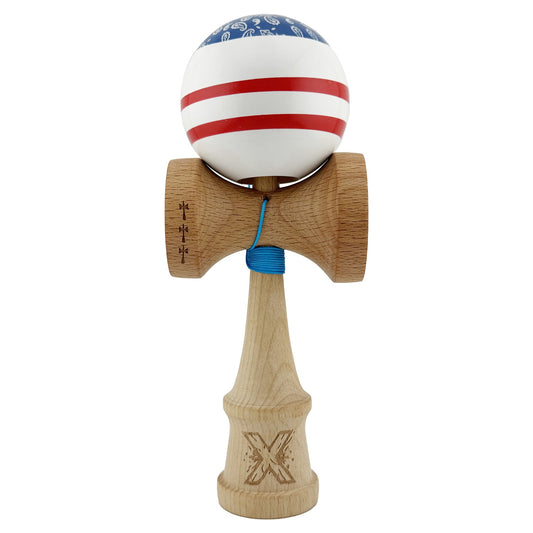 Kendama X Chicanos Originala, Model Albastru / Rosu / Alb, Profesionala, Cupe Mari, Super Sticky, Rulment, Ata 55cm