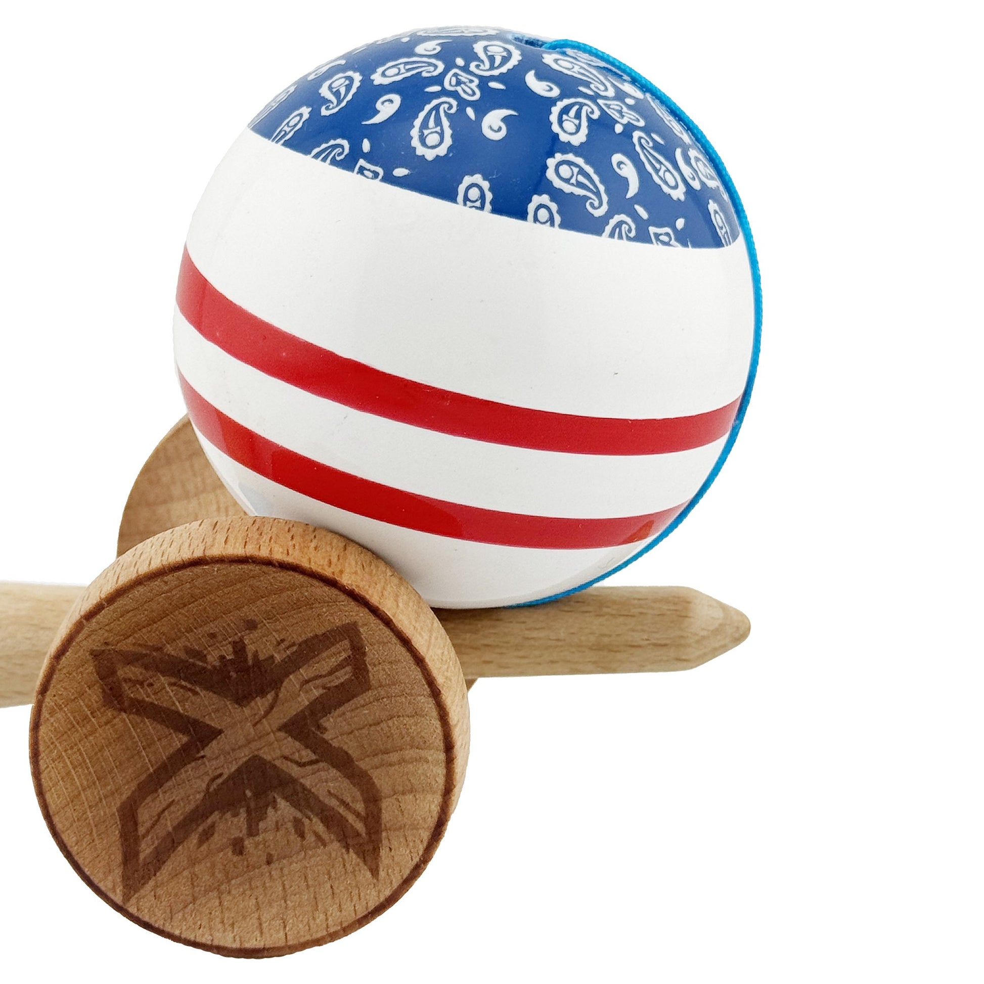 Kendama X Chicanos Originala, Model Albastru / Rosu / Alb, Profesionala, Cupe Mari, Super Sticky, Rulment, Ata 55cm