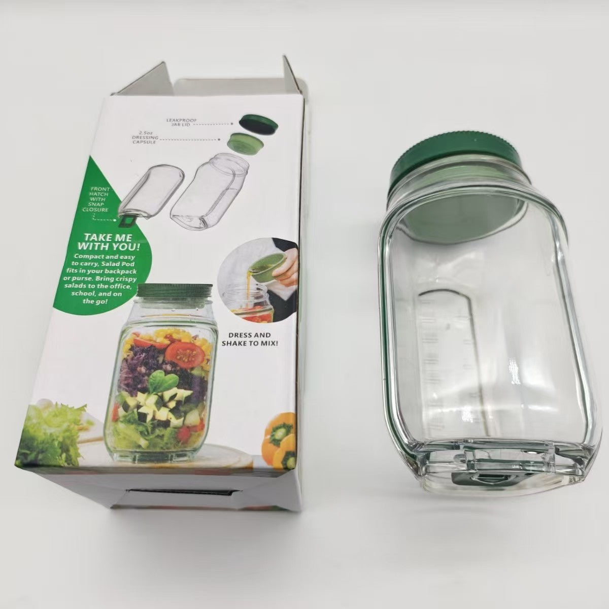 Caserola Tip Borcan pentru Salata, Container Gradat cu Capac Verde, Plastic PP, 1L, 19 x 10 x 10 cm, Transparenta