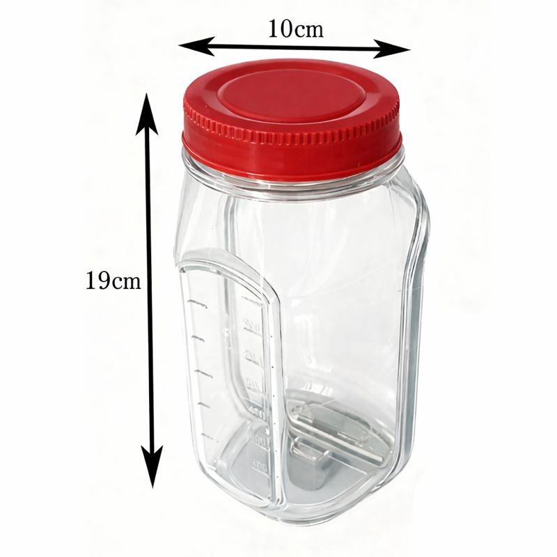 Caserola pentru Salata Tip Borcan, Container Gradat in ml pentru Depozitare si Transport, Plastic PP, 1L, 19 x 10 x 10 cm, Transparent cu Capac Rosu