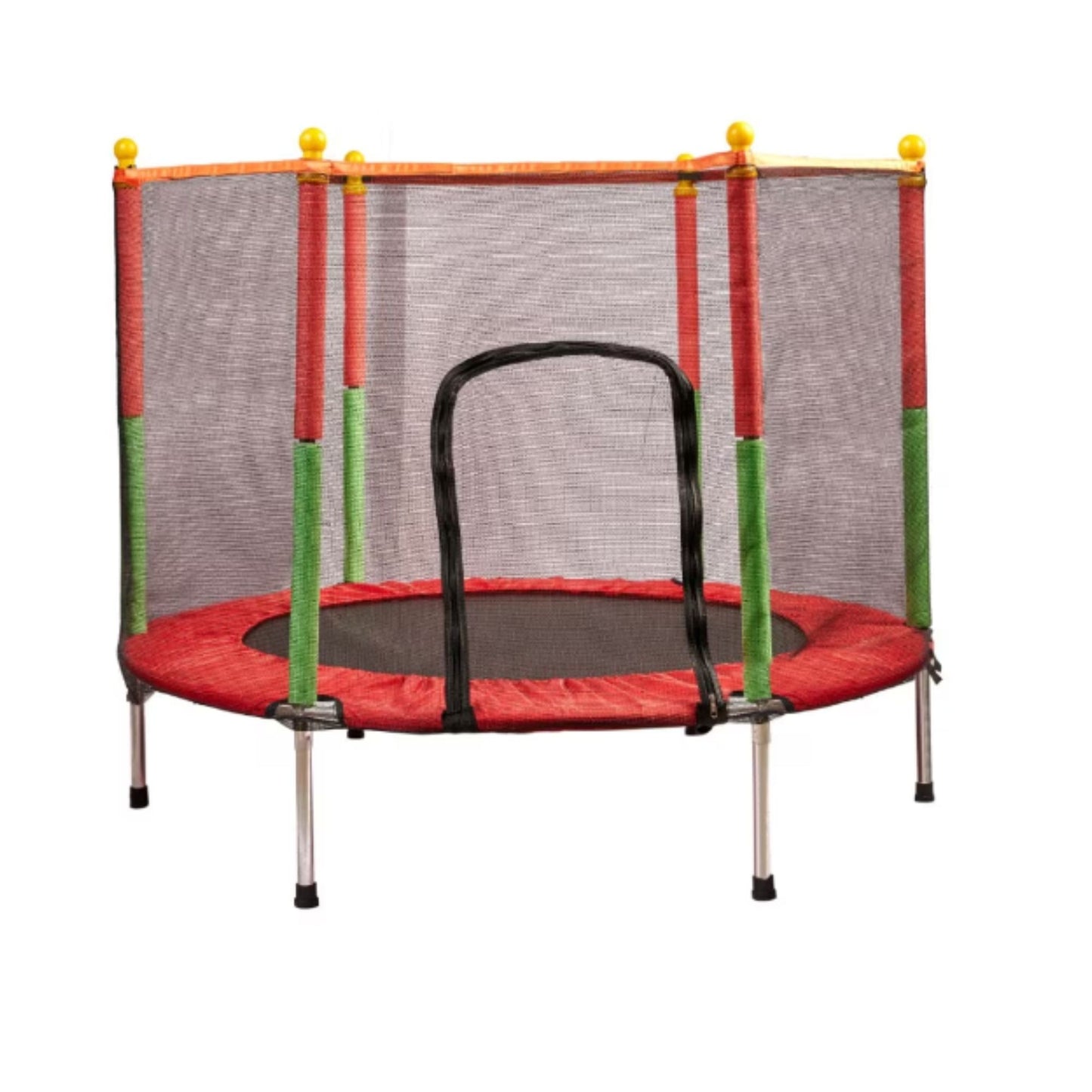 Trambulina pentru Copii si Gradina, Plasa de Protectie Inalta cu Fermoar, Structura Metalica, Interior si Exterior, Sarcina Maxima 150 kg, 140 x 116 cm, Rosu/Verde