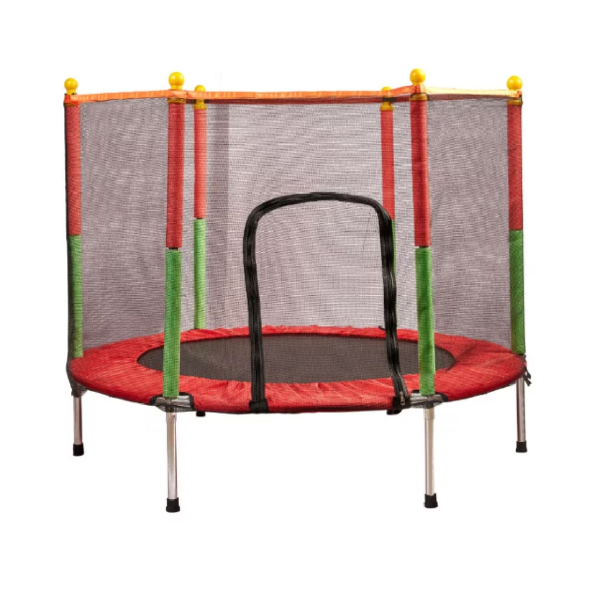 Trambulina pentru Copii si Gradina, Plasa de Protectie Inalta cu Fermoar, Structura Metalica, Interior si Exterior, Sarcina Maxima 150 kg, 140 x 116 cm, Rosu/Verde