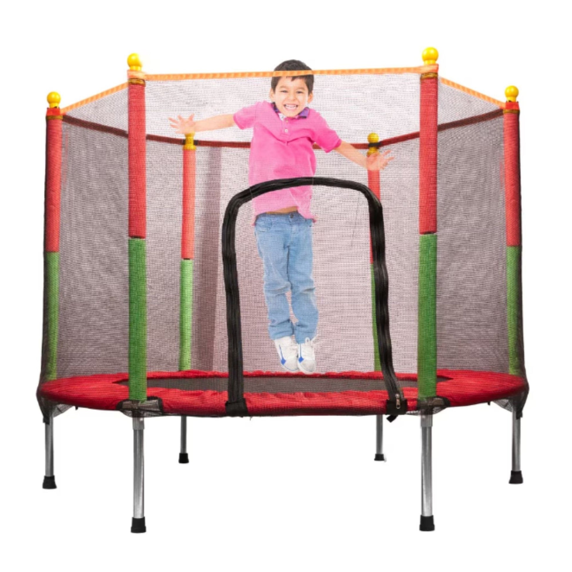 Trambulina pentru Copii si Gradina, Plasa de Protectie Inalta cu Fermoar, Structura Metalica, Interior si Exterior, Sarcina Maxima 150 kg, 140 x 116 cm, Rosu/Verde