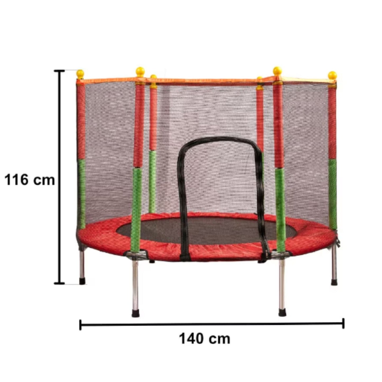 Trambulina pentru Copii si Gradina, Plasa de Protectie Inalta cu Fermoar, Structura Metalica, Interior si Exterior, Sarcina Maxima 150 kg, 140 x 116 cm, Rosu/Verde