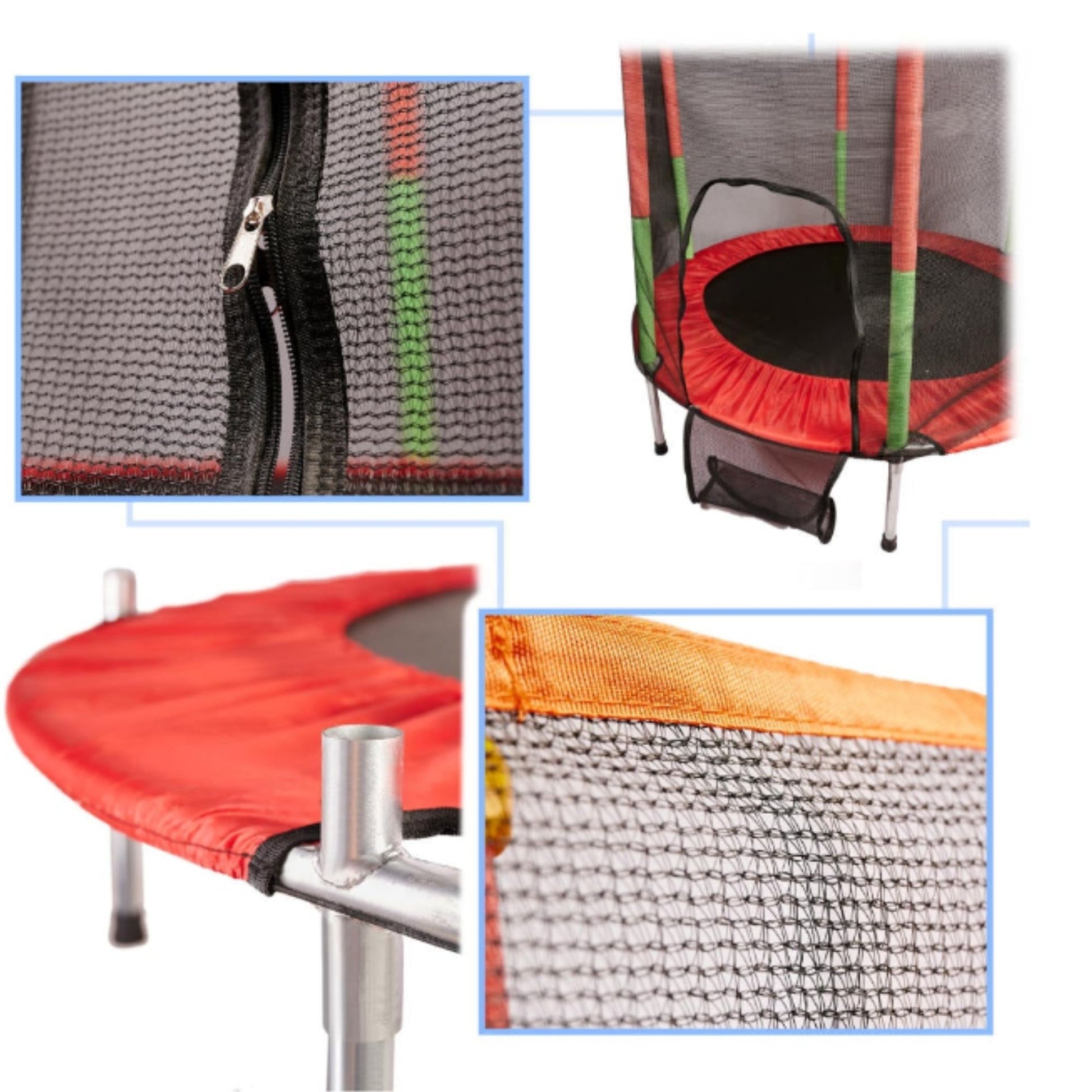 Trambulina pentru Copii si Gradina, Plasa de Protectie Inalta cu Fermoar, Structura Metalica, Interior si Exterior, Sarcina Maxima 150 kg, 140 x 116 cm, Rosu/Verde