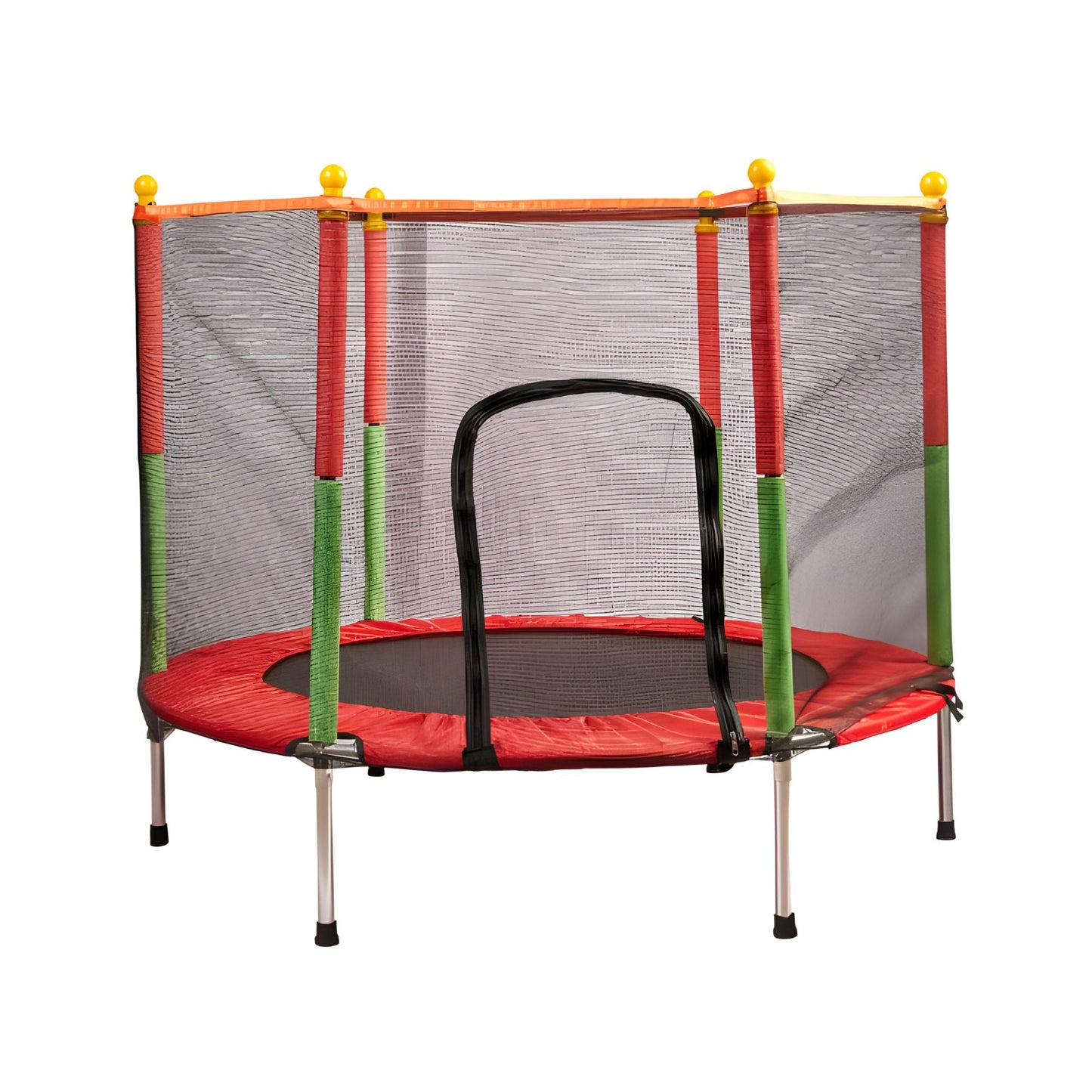 Trambulina pentru Copii si Gradina, Plasa de Protectie Inalta cu Fermoar, Structura Metalica, Interior si Exterior, Sarcina Maxima 150 kg, 140 x 116 cm, Rosu/Verde