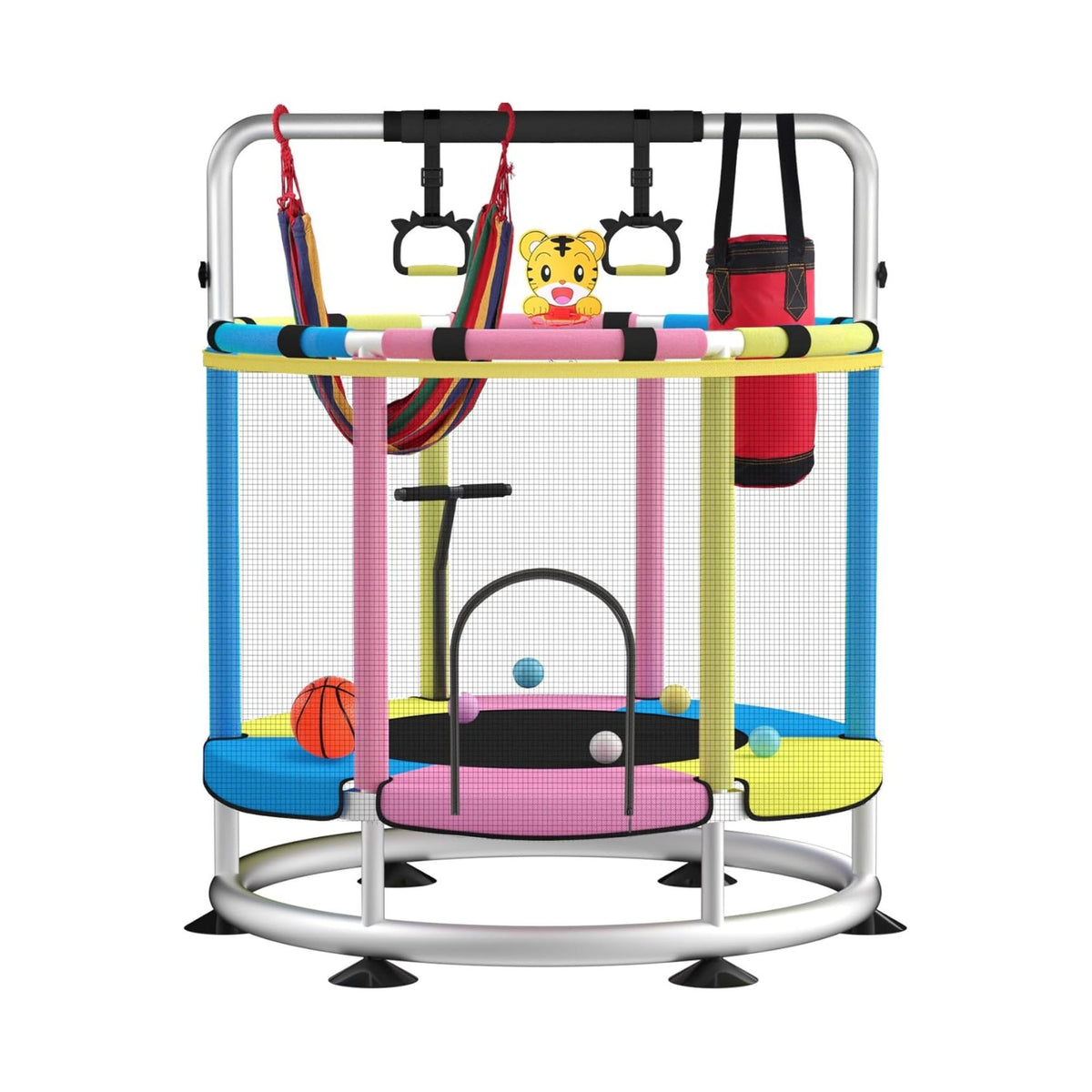 Trambulina pentru Copii, Interior si Gradina, cu Plasa de Siguranta, Bara de Gimnastica si Sac de Box, Cadru Otel Galvanizat, Capacitate 200 kg, 140 cm, 3+ ani, Multicolor