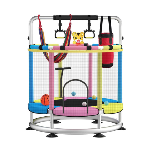 Trambulina pentru Copii, Interior si Gradina, cu Plasa de Siguranta, Bara de Gimnastica si Sac de Box, Cadru Otel Galvanizat, Capacitate 200 kg, 140 cm, 3+ ani, Multicolor
