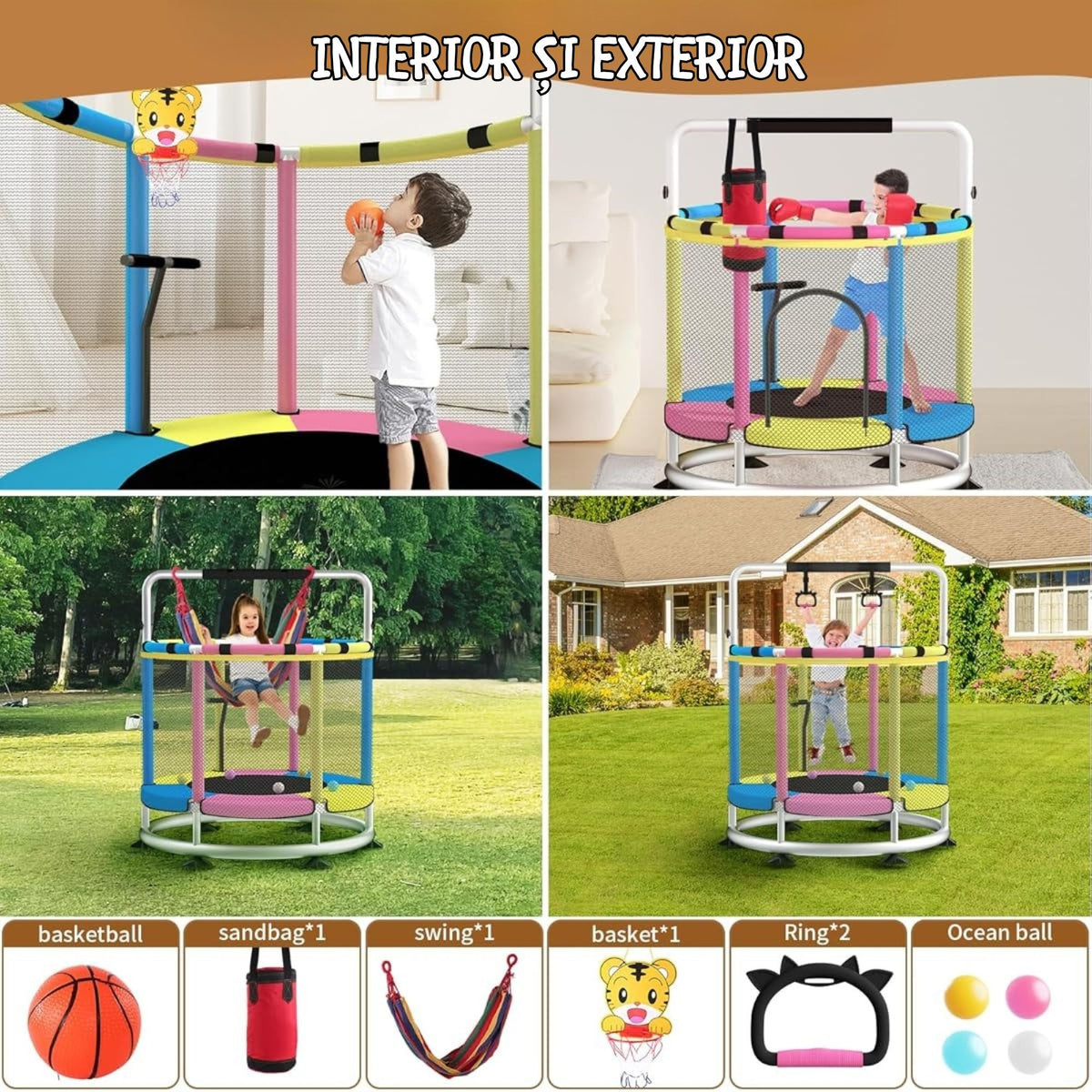 Trambulina pentru Copii, Interior si Gradina, cu Plasa de Siguranta, Bara de Gimnastica si Sac de Box, Cadru Otel Galvanizat, Capacitate 200 kg, 140 cm, 3+ ani, Multicolor