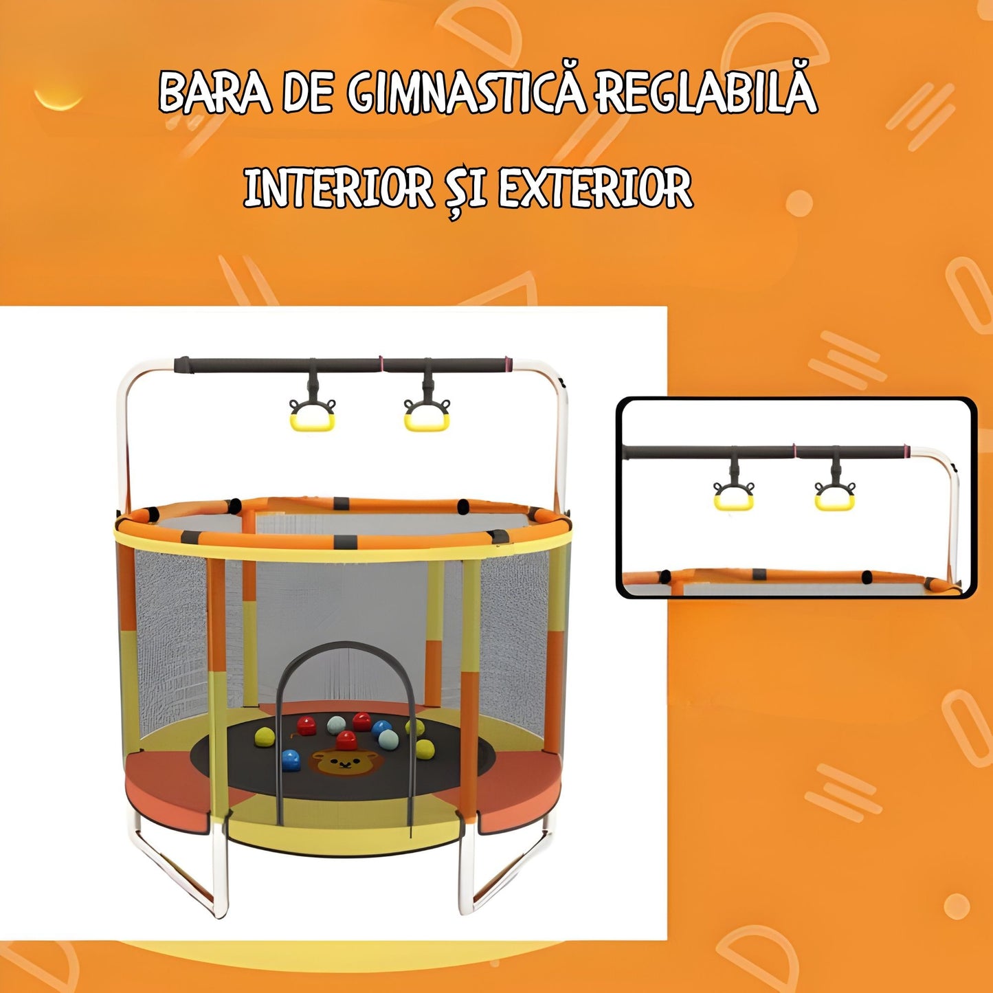 Trambulina pentru Copii de Gradina si Interior, cu Plasa de Siguranta, Bara Gimnastica si Sac de Box, Otel Galvanizat, 140 cm, Capacitate 200 kg, Galben/Portocaliu