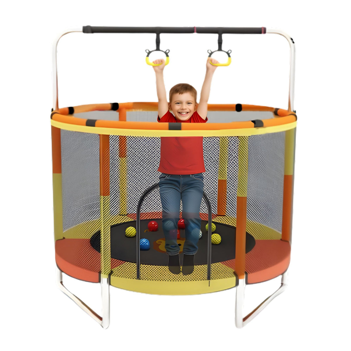 Trambulina pentru Copii de Gradina si Interior, cu Plasa de Siguranta, Bara Gimnastica si Sac de Box, Otel Galvanizat, 140 cm, Capacitate 200 kg, Galben/Portocaliu