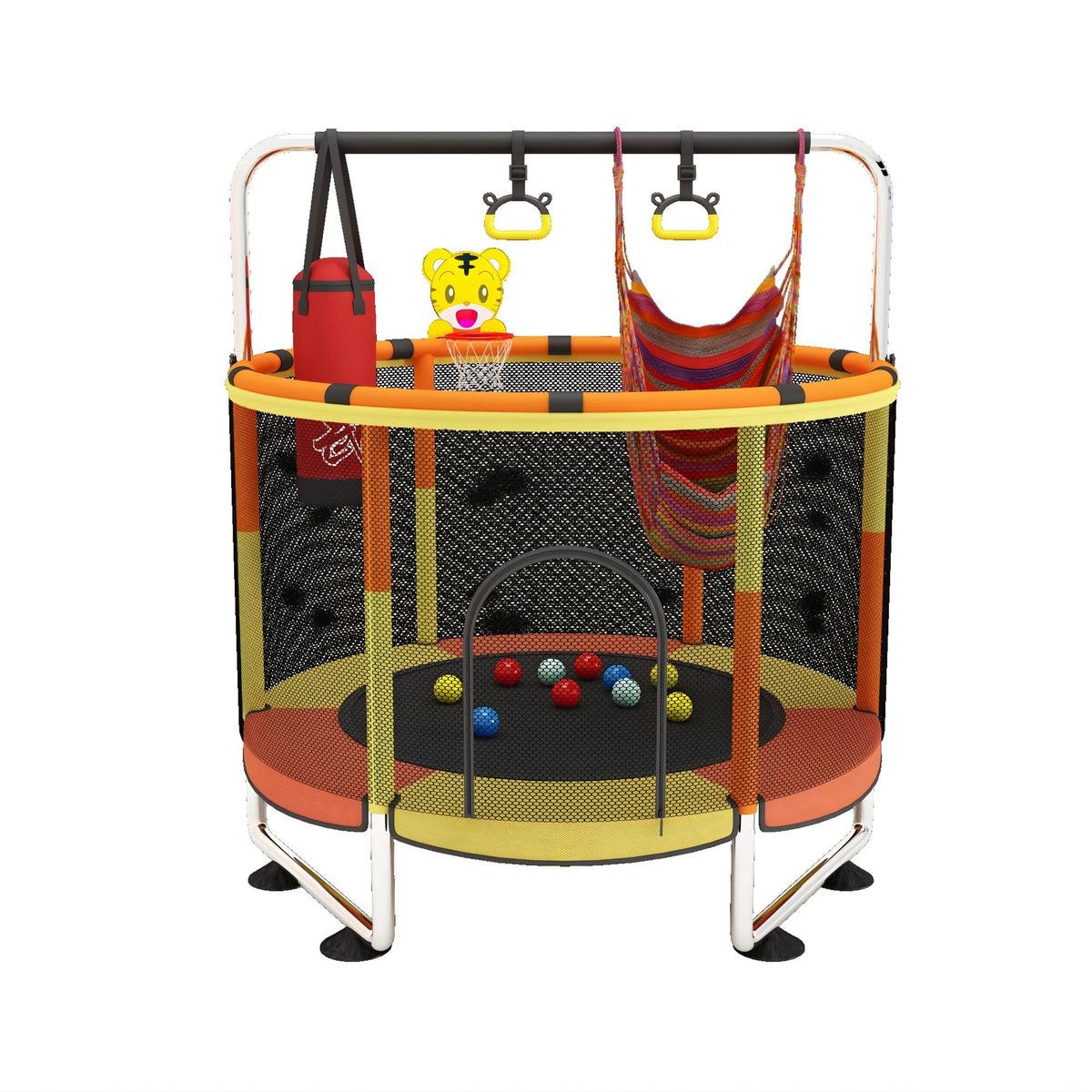 Trambulina pentru Copii de Gradina si Interior, cu Plasa de Siguranta, Bara Gimnastica si Sac de Box, Otel Galvanizat, 140 cm, Capacitate 200 kg, Galben/Portocaliu