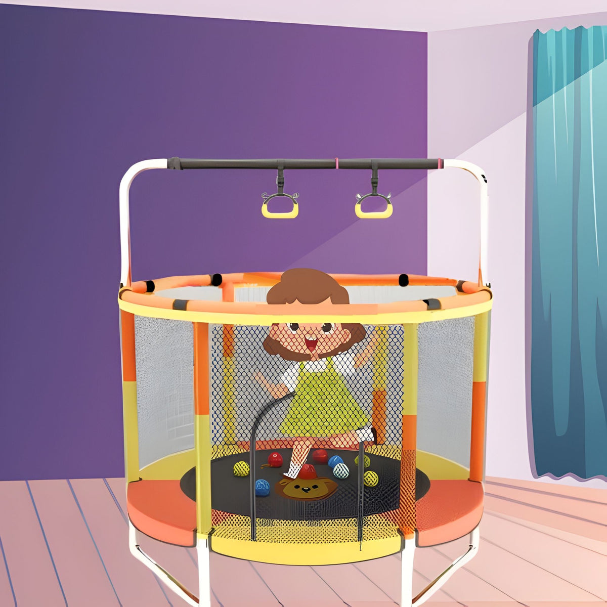 Trambulina pentru Copii de Gradina si Interior, cu Plasa de Siguranta, Bara Gimnastica si Sac de Box, Otel Galvanizat, 140 cm, Capacitate 200 kg, Galben/Portocaliu
